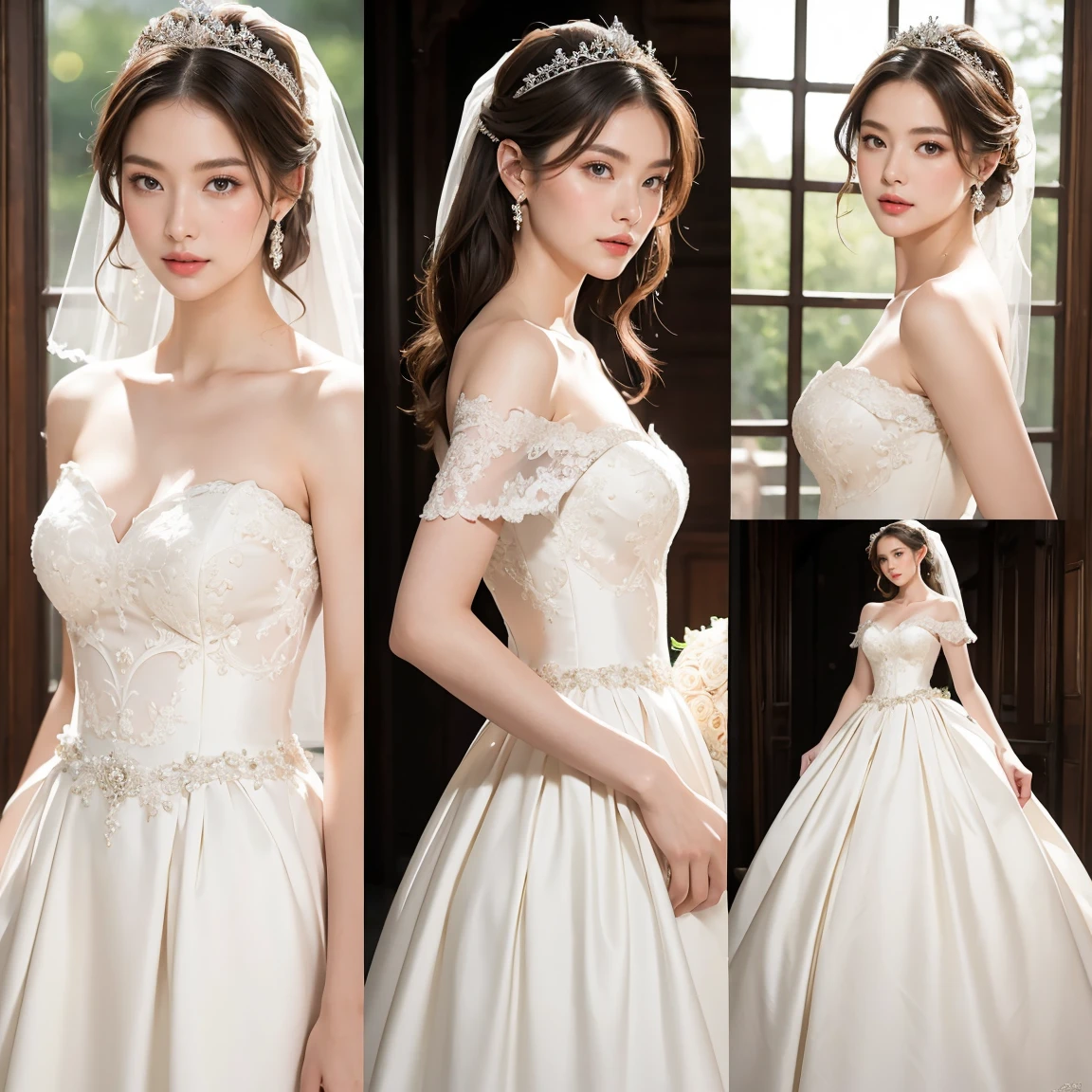 (masterpiece, best quality:1.5), ((Extremely detailed wedding dress)),（One-shoulder and high-waist wedding dress） high resolution, 16K, The most beautiful face in the world, Very detailed and beautiful face and eyes, Glowing skin, Delicate fabric texture, Perfect anatomical structure, rest, (Beauty incarnate:1.3), (Beautiful goddess:1.3), (Beautiful and charming princess:1.3), Perfect makeup, Deeply in love, Full of elegance. (whole body:1.5), (Clothing three views)