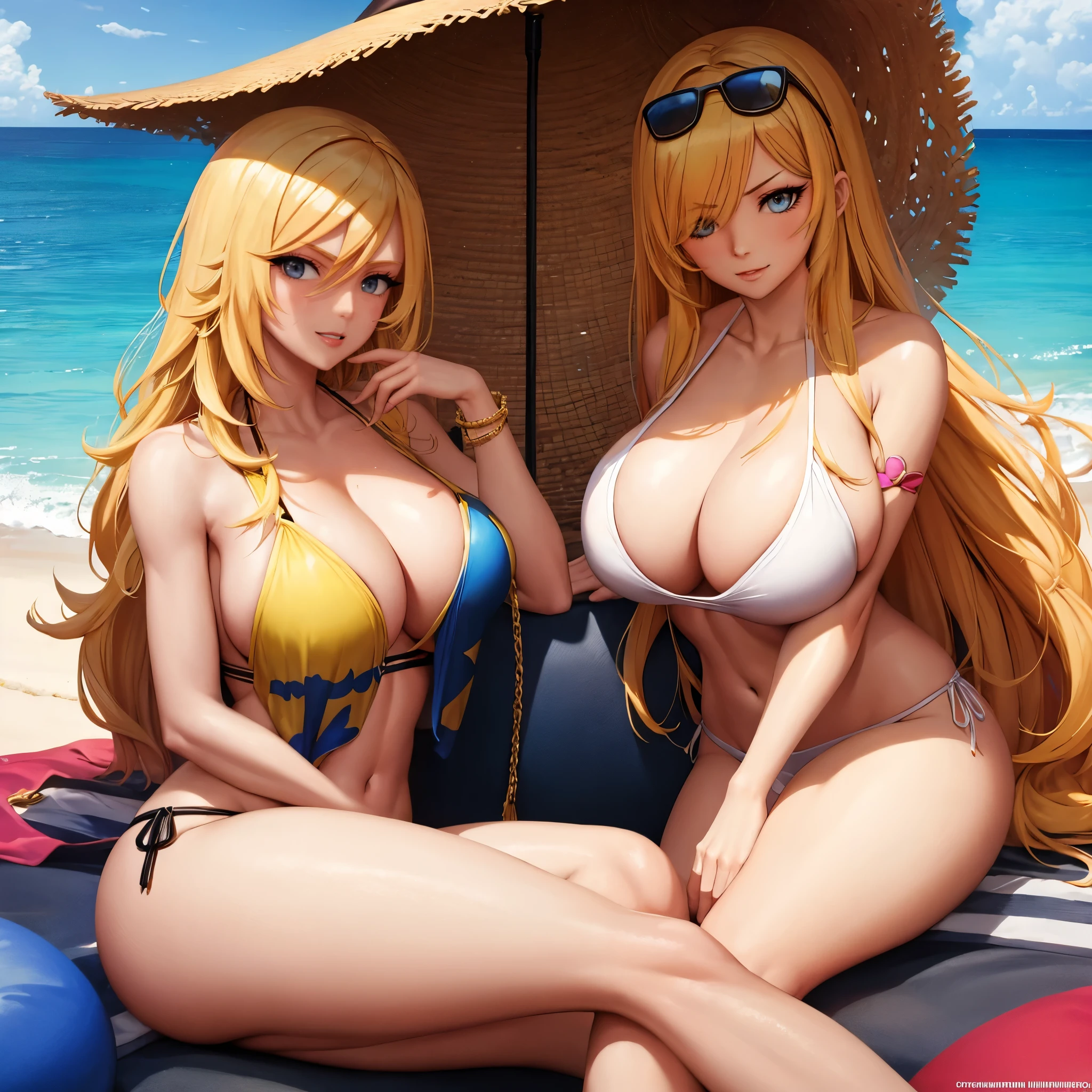 Your influencer character(sexy milf boobs) with long, blond hair sitting on a beach 
. dressed in a bikini. has a lovely expression on her face. colourful and bright colouring. 