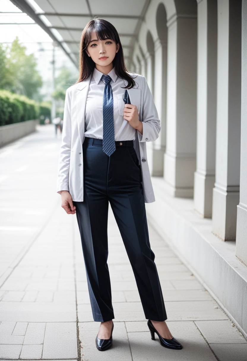 8k, raw photo, best quality, masterpiece, realistic, photo realistic, clear, professional lighting, beautiful face, best quality,ultra high res, realistic japanese beautiful, Super detailed, 1girl,full body, unfastened, tie