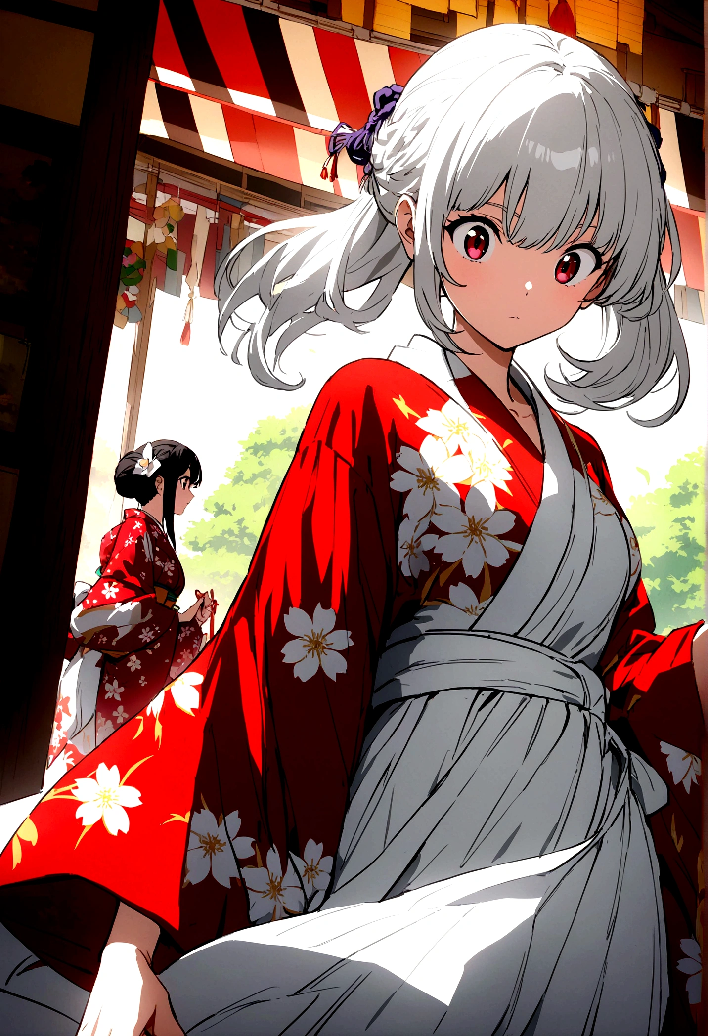 Japanese anime A long, white, white woman wearing a red floral yukata. The background is greenscreen.