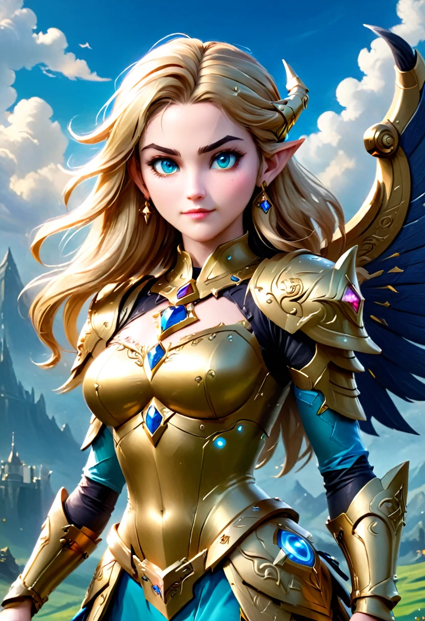 high details, best quality, 16k, [ultra detailed], masterpiece, best quality, (extremely detailed), full body, ultra wide shot, photorealistic, , fantasy art, dnd art, rpg art, realistic art, a wide angle, (((anatomically correct))) a wallpaper of an Princess Zelda, ready for battle with her mount (intense details, Masterpiece, best quality: 1.5),Princess Zelda (intense details, Masterpiece, best quality: 1.5), ultra detailed face, ultra feminine, fair skin, exquisite beauty, gold hair, long hair, wavy hair, small pointed ears, dynamic eyes color, wearing heavy mech armor, shinning metal, armed with elven sword, green meadows, blue skies background and some clouds background depth of field (intricate details, Masterpiece, best quality: 1.5), full body (intricate details, Masterpiece, best quality: 1.5), high details, best quality, highres, ultra wide angle, Mechanical Creatures