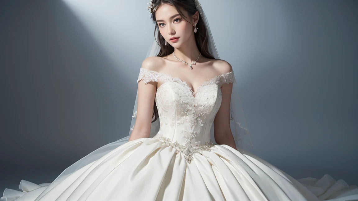 (masterpiece, best quality:1.5), ((Extremely detailed wedding dress)),(Wedding dress with a one-shoulder neckline and an A-line hem) high resolution, 16K, The most beautiful face in the world, Very detailed and beautiful face and eyes, Glowing skin, Delicate fabric texture, Perfect anatomical structure, rest, (Beauty incarnate:1.3), (Beautiful goddess:1.3), (Beautiful and charming princess:1.3), Perfect makeup, Deeply in love, Full of elegance. (whole body:1.5), (Garment View)