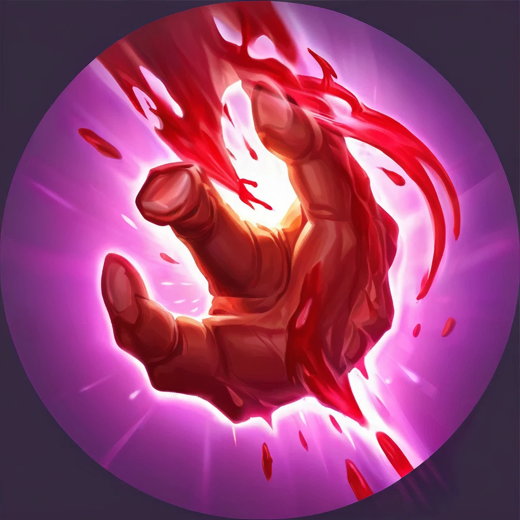 Icons, I want a fist with drops of blood flying around it, with shine coming out of the palm, normal hand, healing, completely normal hand