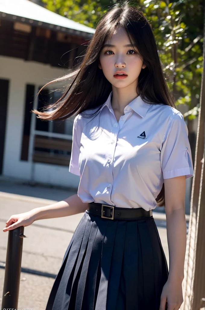 (photorealistic:1.4),Best quality, masterpiece, ultra high res, raw photo,soft light,(cowboy shot),blue sky,movie poster, sexy gril
1girl,(mathayom uniform),white shirt short sleeves,(black pleated long skirt:1.2),long hair,hair_floating,dramatic scene