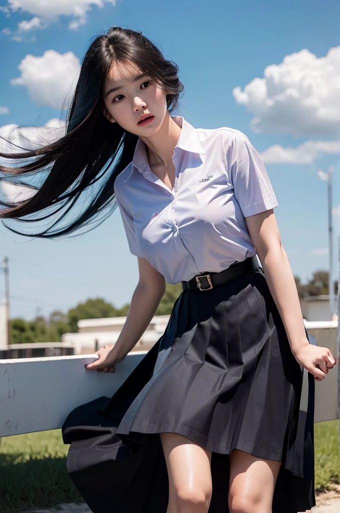 (photorealistic:1.4),Best quality, masterpiece, ultra high res, raw photo,soft light,(cowboy shot),blue sky,movie poster, sexy gril
1girl,(mathayom uniform),white shirt short sleeves,(black pleated long skirt:1.2),long hair,hair_floating,dramatic scene