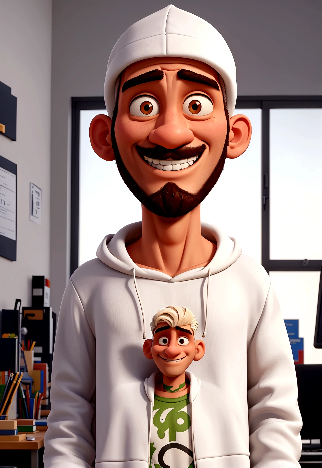 1.86 meter man. With a sparse beard and shaved hair. Man of Brazilian origin smiling in an office and wearing a white hooded sweatshirt