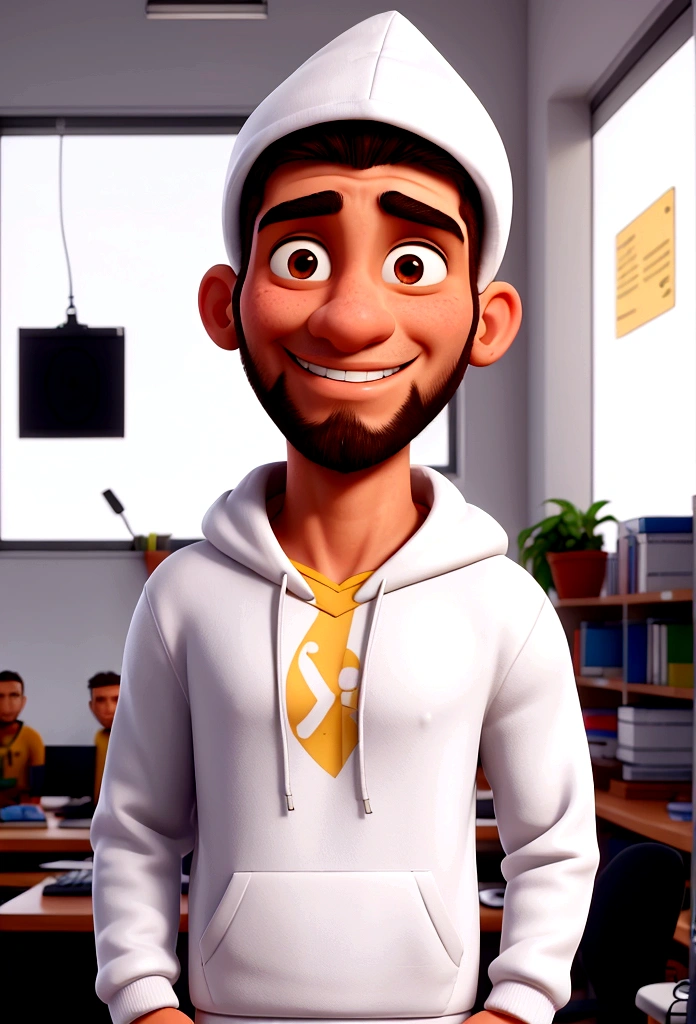 1.86 meter man. With a sparse beard and shaved hair. Man of Brazilian origin smiling in an office and wearing a white hooded sweatshirt
