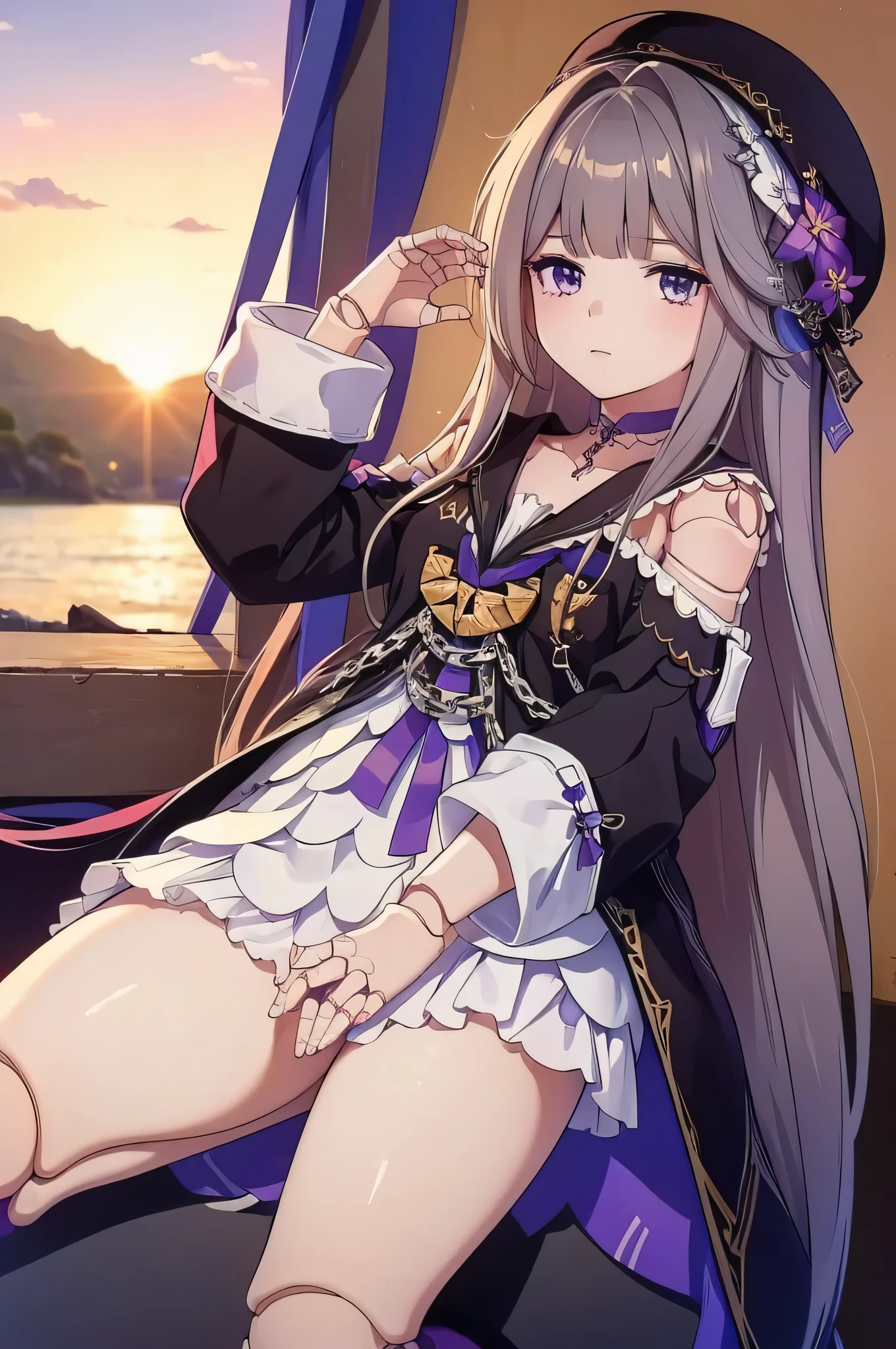 (pensive looking at sunset), (masterpiece), (top quality), (super detail), (one girl), jittery eyes, (dancing) flowing hair, (shiny), full body, (hide hands, doll joints)