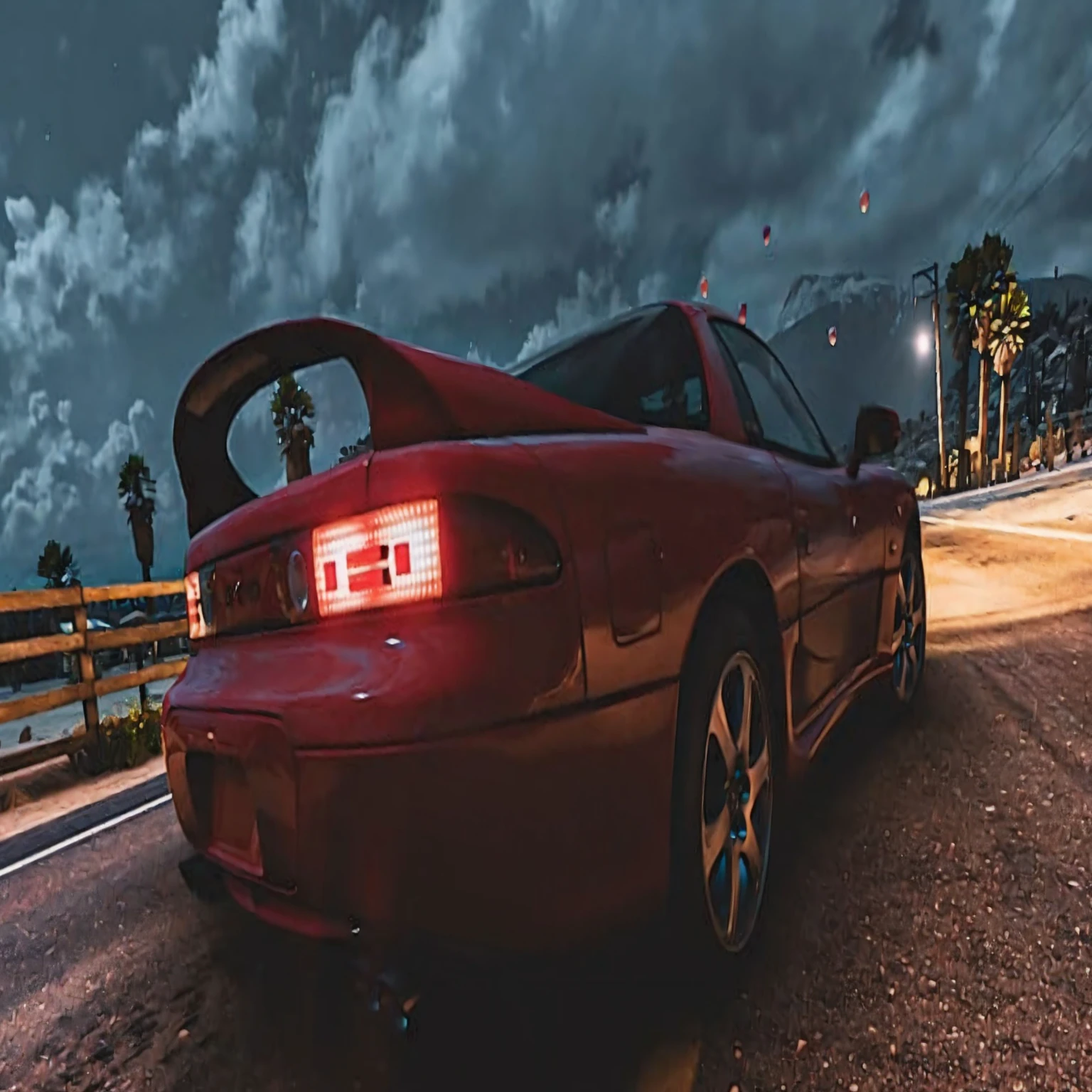 A red 3000 GT seen from the back, on a road at night. There are palm trees and mountains in the distance. The scene's lighting is dominated by street lights, creating a dramatic and cinematic effect. The car has a large rear spoiler and alloy wheels. The road appears deserted, and the atmosphere is tranquil and mysterious. 8k