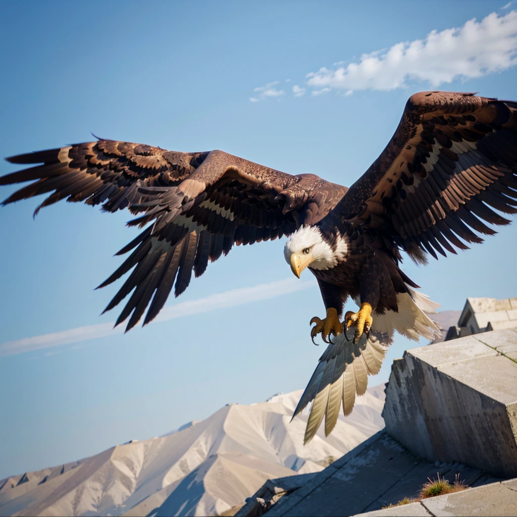 Eagle descending to set from the sky trying to set. Plain background. Hyper realistic