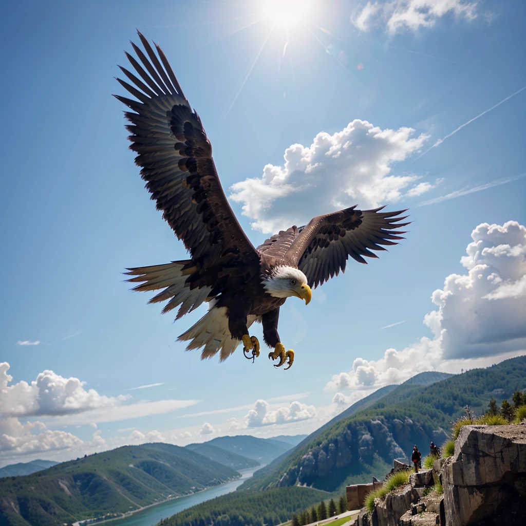 Eagle descending to set from the sky trying to set. Plain background. Hyper realistic 