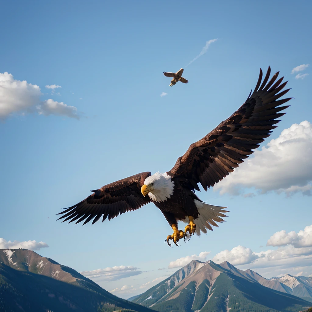 Eagle descending to set from the sky trying to set. Plain background. Hyper realistic