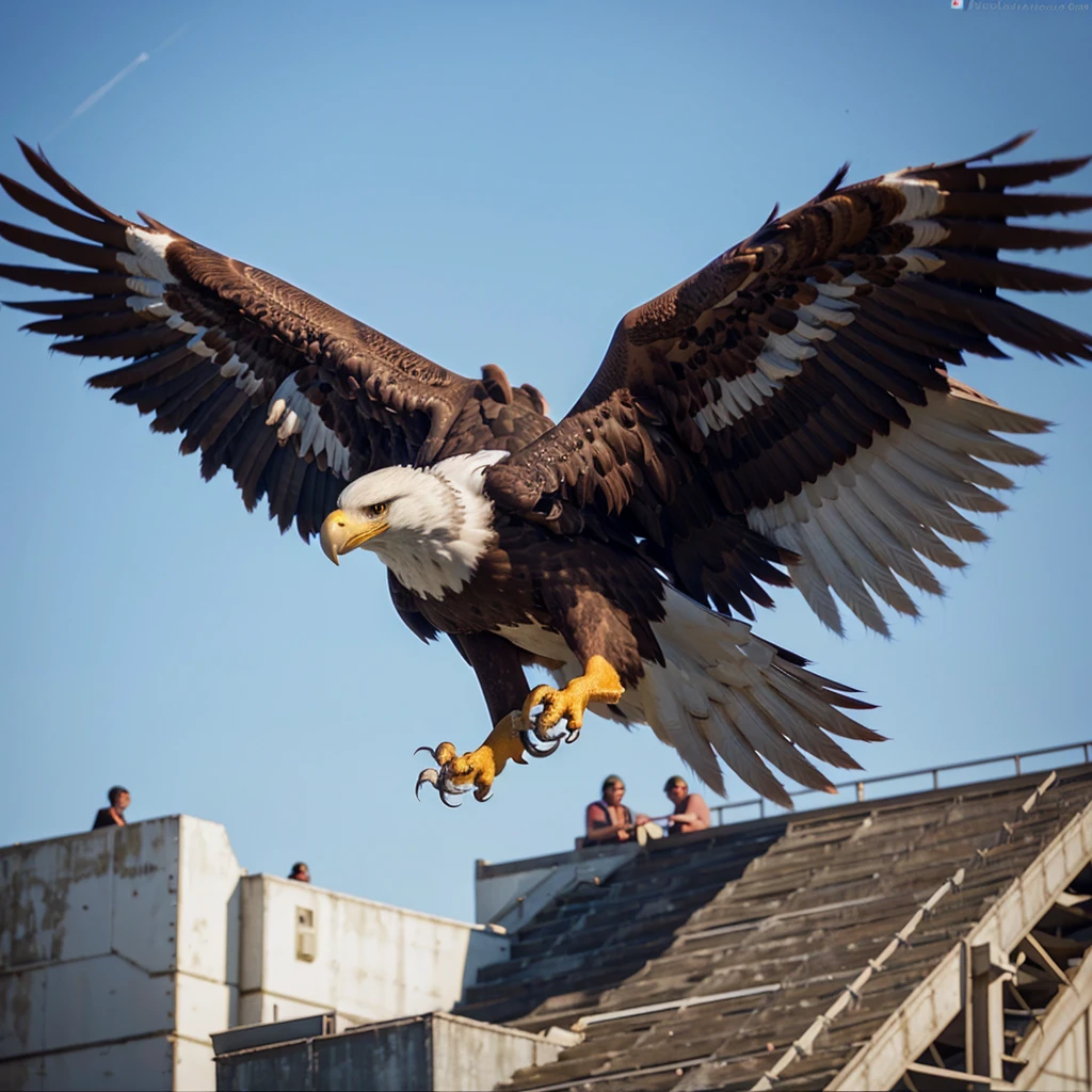Eagle descending to set from the sky trying to set. Plain background. Hyper realistic