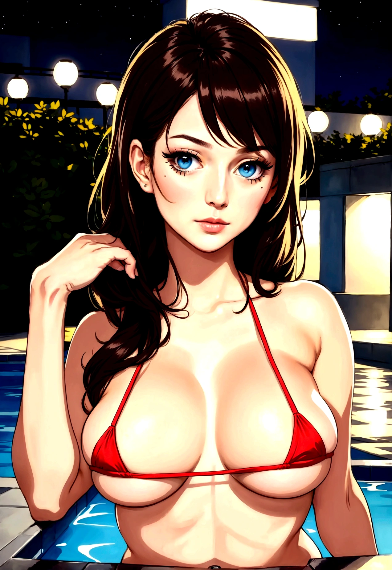 Danish and Asian mixed, medium closeup, 1girl, solo, huge breasts, cleavage, wide hips, fit stomach,
long detailed eyelashes, (detailed eyes), full lips, (detailed skin texture:1.1), (minimum hair, realistic hair:1.2),
HAIR: (brunette hair, swept bangs),
CLOTHING: (NUDE), BREAK;
LOCATION: swimming pool hotel building, nighttime,
(looking at viewer), passionate look,
soft lighting, depth of field, (photorealistic), Ultra High Definition, Raw Photo,