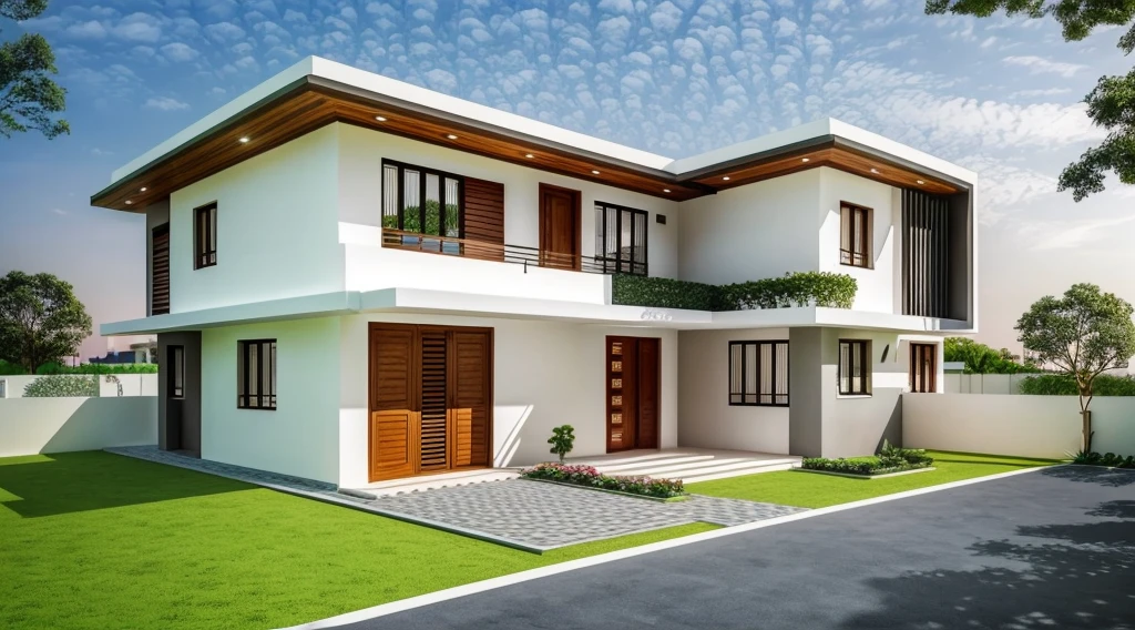 a house in a modern style, thôn quê cây xanh, mái tole