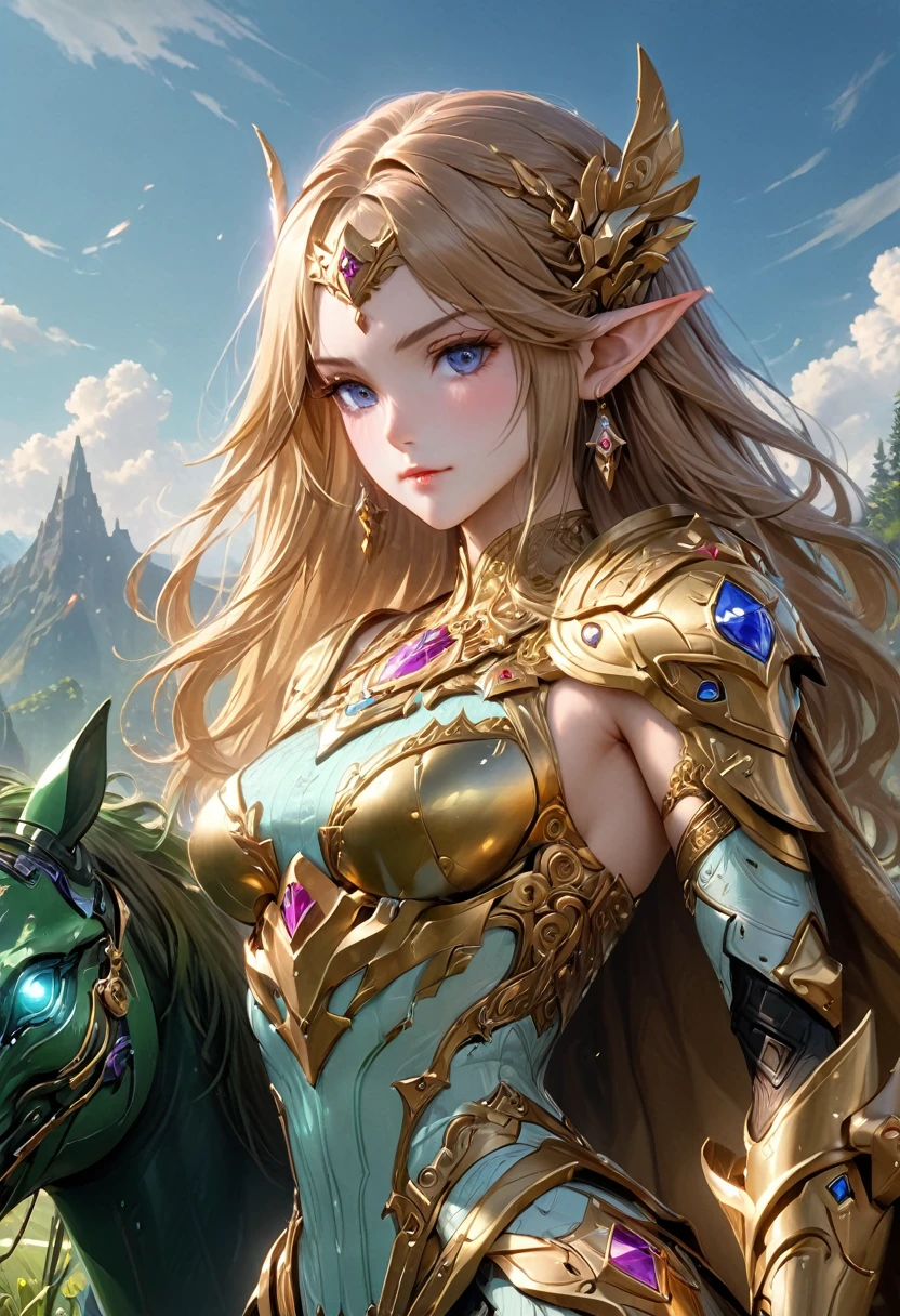 high details, best quality, 16k, [ultra detailed], masterpiece, best quality, (extremely detailed), full body, ultra wide shot, photorealistic, , fantasy art, dnd art, rpg art, realistic art, a wide angle, (((anatomically correct))) a wallpaper of an Princess Zelda, ready for battle with her mount (intense details, Masterpiece, best quality: 1.5),Princess Zelda (intense details, Masterpiece, best quality: 1.5), ultra detailed face, ultra feminine, fair skin, exquisite beauty, gold hair, long hair, wavy hair, small pointed ears, dynamic eyes color, wearing heavy green mech armor, shinning metal, armed with elven sword, green meadows, blue skies background and some clouds background depth of field (intricate details, Masterpiece, best quality: 1.5), full body (intricate details, Masterpiece, best quality: 1.5), high details, best quality, highres, ultra wide angle, Mechanical Creatures