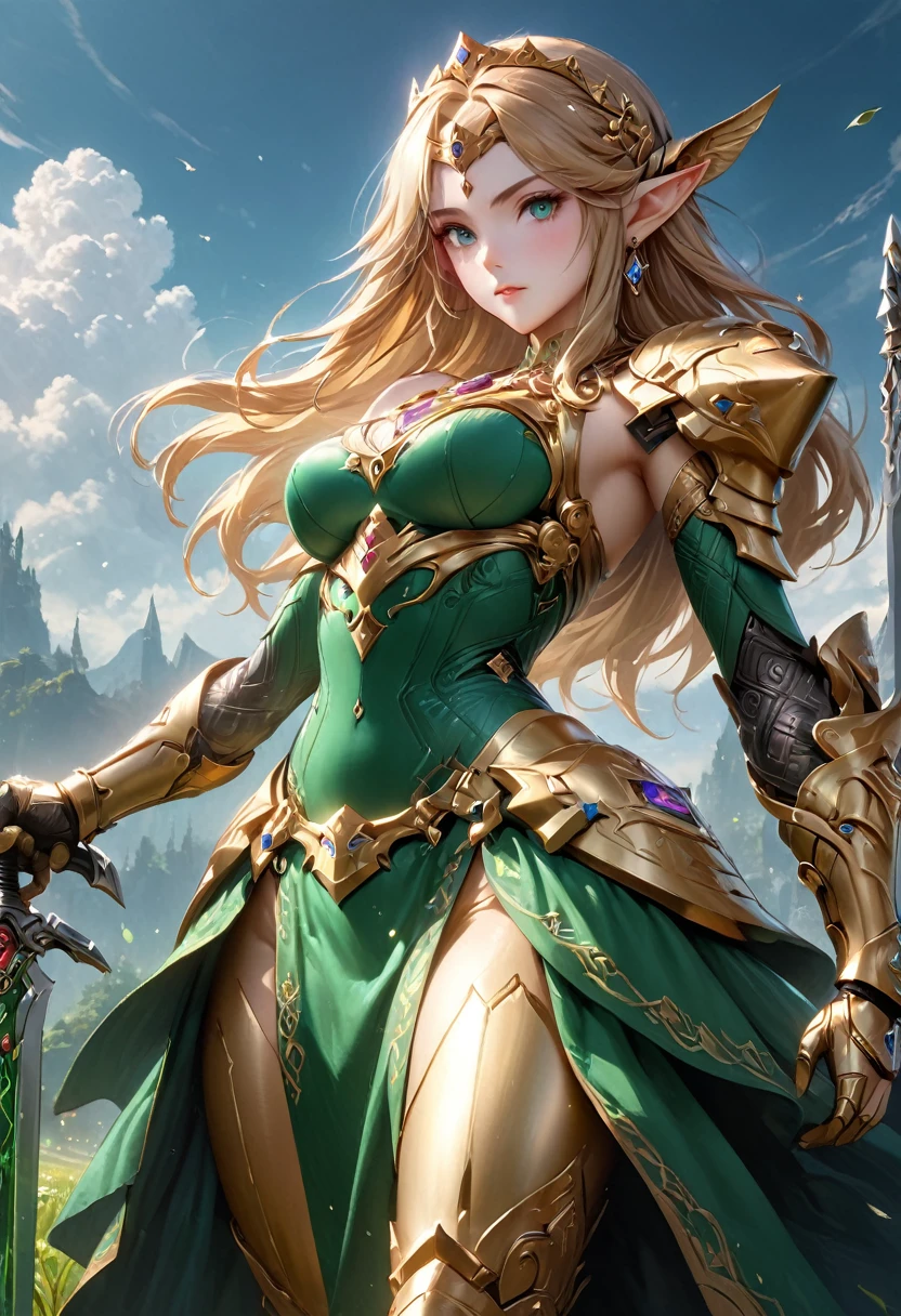 high details, best quality, 16k, [ultra detailed], masterpiece, best quality, (extremely detailed), full body, ultra wide shot, photorealistic, , fantasy art, dnd art, rpg art, realistic art, a wide angle, (((anatomically correct))) a wallpaper of an Princess Zelda, ready for battle with her mount (intense details, Masterpiece, best quality: 1.5),Princess Zelda (intense details, Masterpiece, best quality: 1.5), ultra detailed face, ultra feminine, fair skin, exquisite beauty, gold hair, long hair, wavy hair, small pointed ears, dynamic eyes color, wearing heavy green mech armor, shinning metal, armed with elven sword, green meadows, blue skies background and some clouds background depth of field (intricate details, Masterpiece, best quality: 1.5), full body (intricate details, Masterpiece, best quality: 1.5), high details, best quality, highres, ultra wide angle, Mechanical Creatures