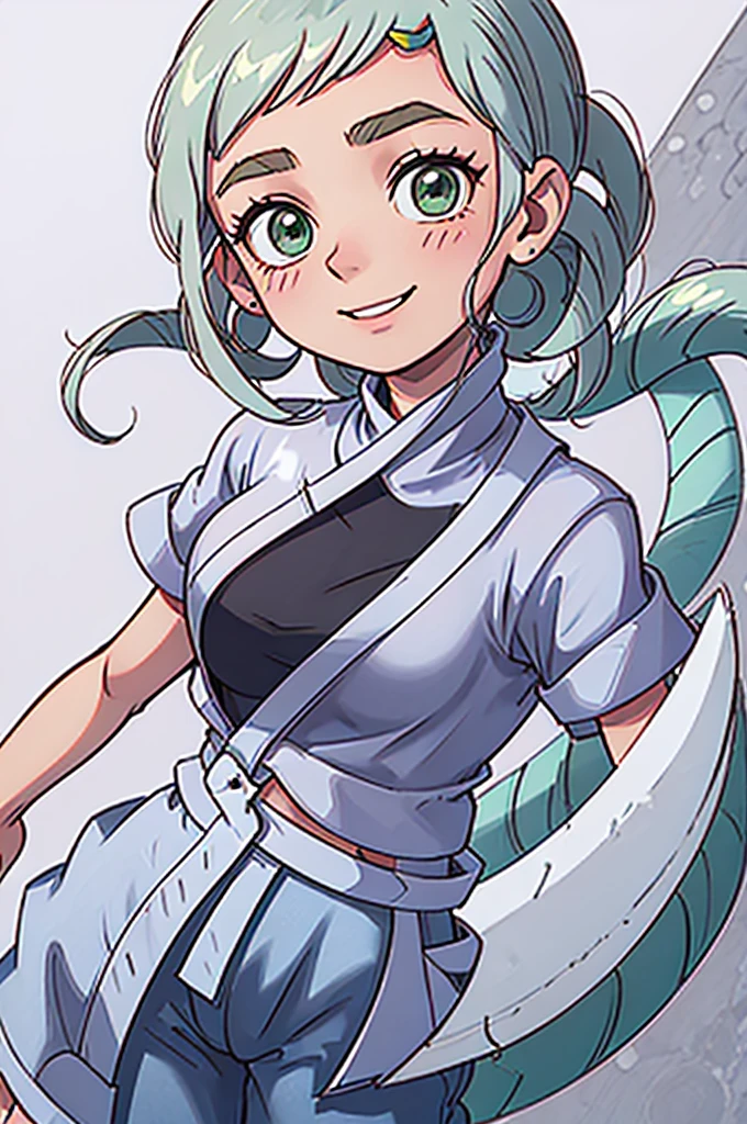 simple background, Ojamajo Doremi style, ojaskmmkcs, standing, smile, wink, adult, medium breasts, heavy winter brown jacket, gray shirt, blue jean pants, green eyes, blush, energetic pose
