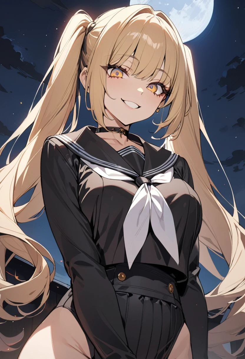 1 girl, masterpiece, best quality, beautiful woman, smile, big eyes, golden eyes, blonde hair, hime cut, twin tails, black sailor suit, moon, anime