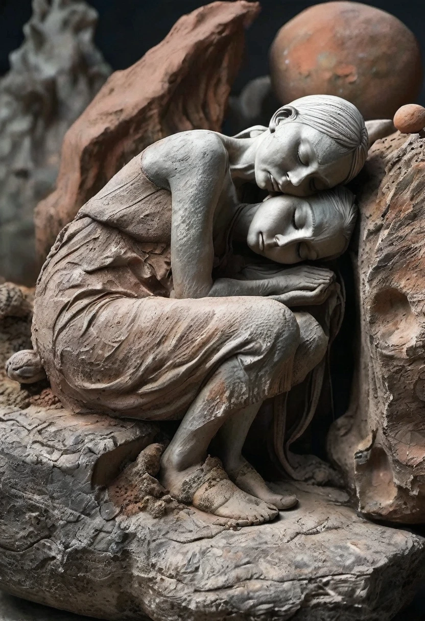 (best qualityer:1.2),1 30 year old woman clays, naked elf in clay sleeping on a rock. and old trunk, ultra-light Argila, Translucent clay 30%, Ceramics, Rough knitted texture, anguished, grimy, Mineral pigments, 3D Clay sculpture art, Clay sculpture, Rough surface, (black shoes, declive, background, fundo cinza, cover, lonely, perm)