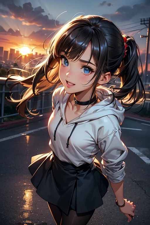 #Basics A girl is posing for a photo, animeのかわいい女の子, (((One Girl, Baby Face, Young girl, 16 years old))),
BREAK
#Clothing Accessories
(Navy blue hoodie:1.2, White shirt, Denim mini skirt, Red headband), (Black Pantyhose, Brown Loafers),
Black choker, red gem earrings,
BREAK
#Features
(Blonde), (Chest-length sideburns), (Twin tails : Short Hair + Thin hair tied up + Full hair + Curly Hair),
(Droopy eyes, blue eyes), (Small breasts),
BREAK
#background environment
(evening、(The school road illuminated by the setting sun, A slope with a panoramic view of the city))
#Facial Expression Pose
((Big happy smile + Mouth wide open + Teeth are visible), (Walking)),
#composition
((Face the camera, Angle from the front, Looking up, Cowboy Shot)),
BREAK
#Body parts elements
(Detailed hair, Beautiful Hair, Shiny Hair),
(double eyelid, Long eyelashes),
(Expression of fine eyes, Beautiful and delicate eyes, Sparkling eyes, Eye Reflexes, Glitter Eyeliner),
(Human Ear),
(Beautiful Nose, Thin Nose),
(Glossy lips, Beautiful Lips, Thick lips, Glossy Lips, Natural Cheeks),
(Detailed face, Symmetrical facial features),
(Detailed skin, Textured skin, Beautiful Skin, Shiny skin),
BREAK
#Quality
(((Highest quality)), ((masterpiece)), ((Very detailed))), ((High resolution), (16K,1080P)),
(Realistic), (Anatomically correct),
((comics, anime)), (3DCG), CG illustration,
