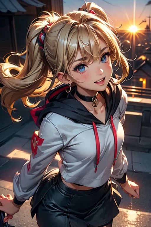 #Basics A girl is posing for a photo, animeのかわいい女の子, (((One Girl, Baby Face, Young girl, ))),
BREAK
#Clothing Accessories
(Navy blue hoodie:1.2, White shirt, Denim mini skirt, Red headband), (Black Pantyhose, Brown Loafers),
Black choker, red gem earrings,
BREAK
#Features
(Blonde), (Chest-length sideburns), (Twin tails : Short Hair + Thin hair tied up + Full hair + Curly Hair),
(Droopy eyes, blue eyes), (Small breasts),
BREAK
#background environment
(evening、(The school road illuminated by the setting sun, A slope with a panoramic view of the city))
#Facial Expression Pose
((Big happy smile + Mouth wide open + Teeth are visible), (Walking)),
#composition
((Face the camera, Angle from the front, Looking up, Cowboy Shot)),
BREAK
#Body parts elements
(Detailed hair, Beautiful Hair, Shiny Hair),
(double eyelid, Long eyelashes),
(Expression of fine eyes, Beautiful and delicate eyes, Sparkling eyes, Eye Reflexes, Glitter Eyeliner),
(Human Ear),
(Beautiful Nose, Thin Nose),
(Glossy lips, Beautiful Lips, Thick lips, Glossy Lips, Natural Cheeks),
(Detailed face, Symmetrical facial features),
(Detailed skin, Textured skin, Beautiful Skin, Shiny skin),
BREAK
#Quality
(((Highest quality)), ((masterpiece)), ((Very detailed))), ((High resolution), (16K,1080P)),
(Realistic), (Anatomically correct),
((comics, anime)), (3DCG), CG illustration,