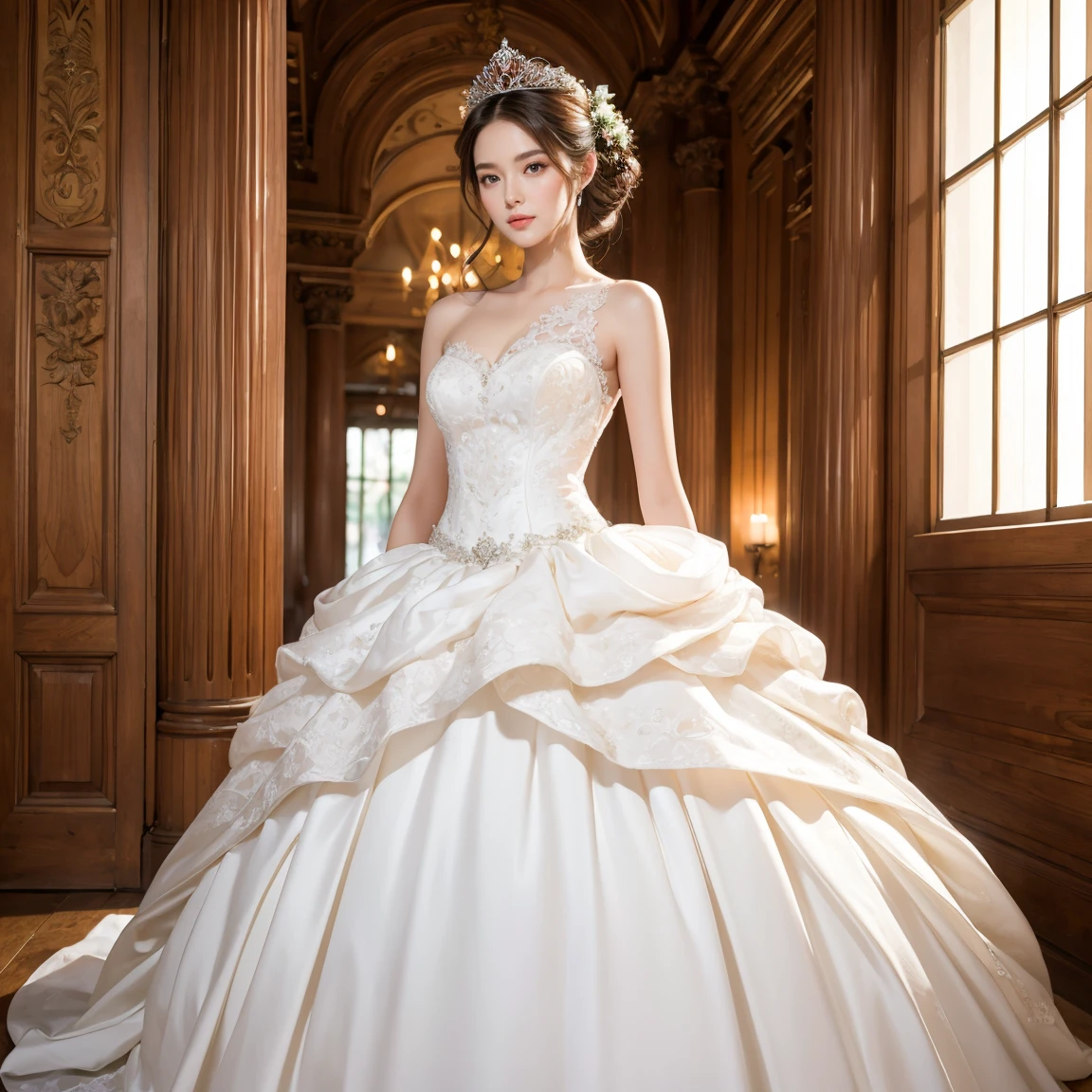(masterpiece, best quality:1.5), ((Extremely detailed wedding dress)),(One-shoulder and high-waist wedding dress) high resolution, 16K, The most beautiful face in the world, Very detailed and beautiful face and eyes, Glowing skin, Delicate fabric texture, Perfect anatomical structure, rest, (Beauty incarnate:1.3), (Beautiful goddess:1.3), (Beautiful and charming princess:1.3), Perfect makeup, Deeply in love, Full of elegance. (((whole body:1.5))),