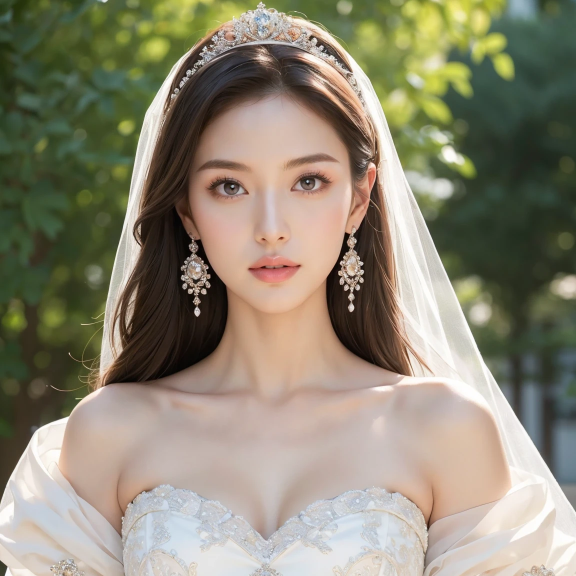 (masterpiece, best quality:1.5), ((Extremely detailed wedding dress)),(One-shoulder and high-waist wedding dress) high resolution, 16K, The most beautiful face in the world, Very detailed and beautiful face and eyes, Glowing skin, Delicate fabric texture, Perfect anatomical structure, rest, (Beauty incarnate:1.3), (Beautiful goddess:1.3), (Beautiful and charming princess:1.3), Perfect makeup, Deeply in love, Full of elegance. (((whole body:1.5))),