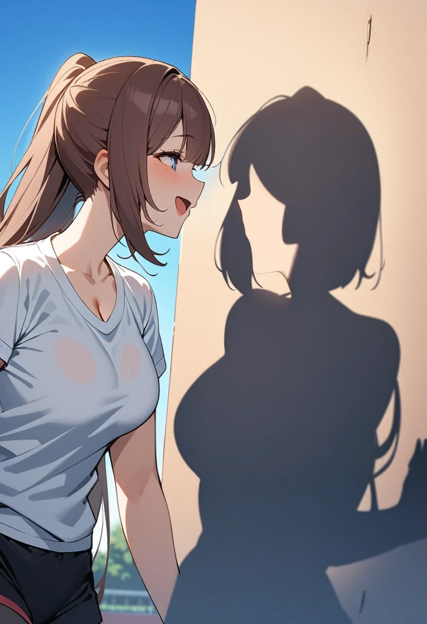 1girl, ultra high res, large chest, cleavage, white shirt, gym shorts, smile, open mouth, sky background, kabedon, silhouette face