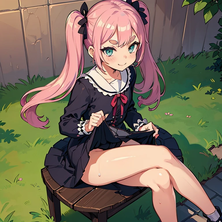 Girl with pink hair, long twintail hairstyle, ((small bushy eyebrows)), wearing gothic ta clothing, loli, walking to school, flirty smile,, bored look, bored face,, (sitting with legs open lifting her skirt to show her vagina wet with semen), male pov, looking from above view