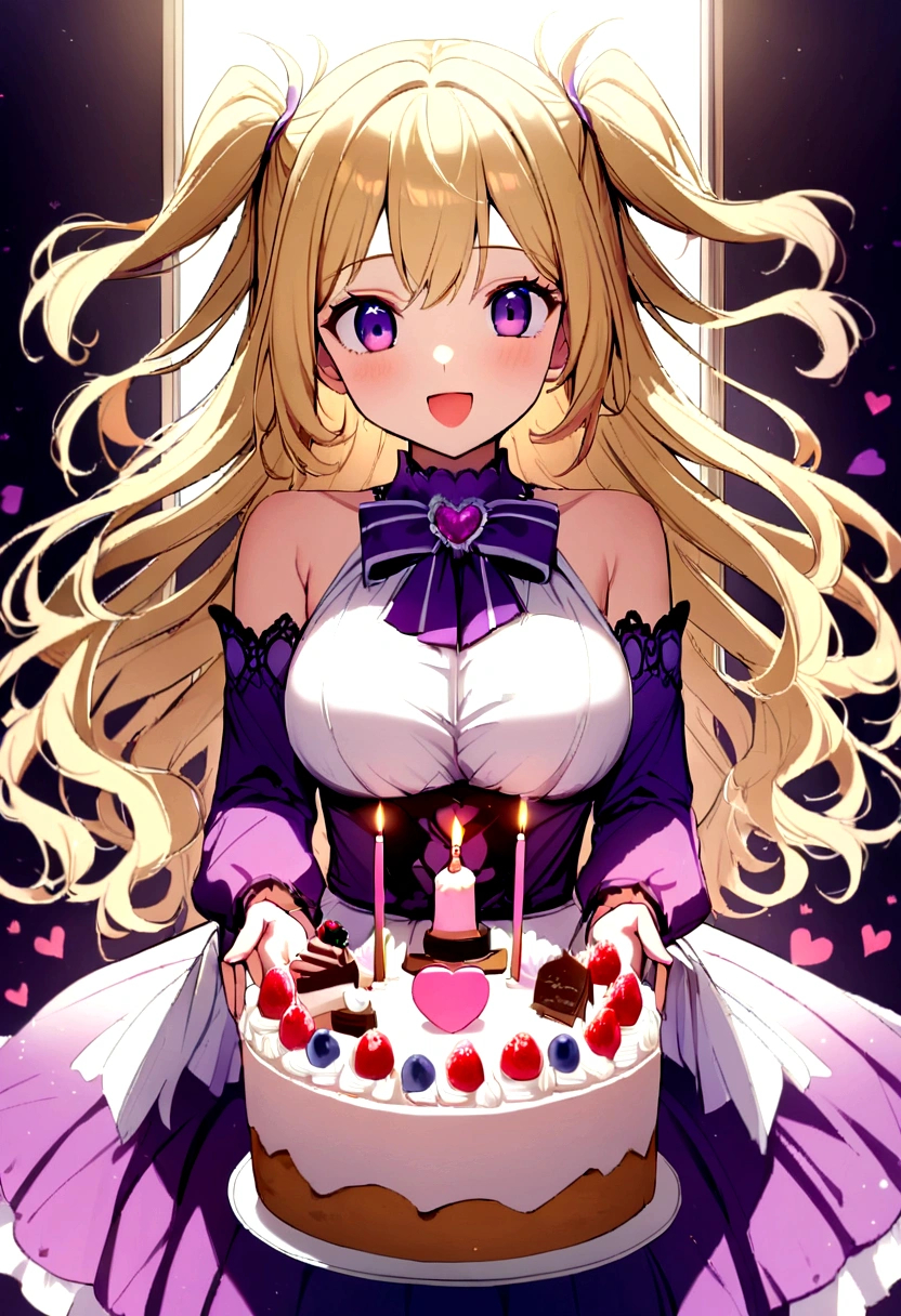 4K,One girl,A sense of depth,Confused,Capture the light,Very beautiful illustration,(((cake,heart,Hold in hand))),Valentine's Day,((Beautiful blonde,Two Side Up Hairstyle:1.3)),((Beautiful purple eyes:1.2)),;d,Beautiful, delicate, flowing hair,Emphasized breasts