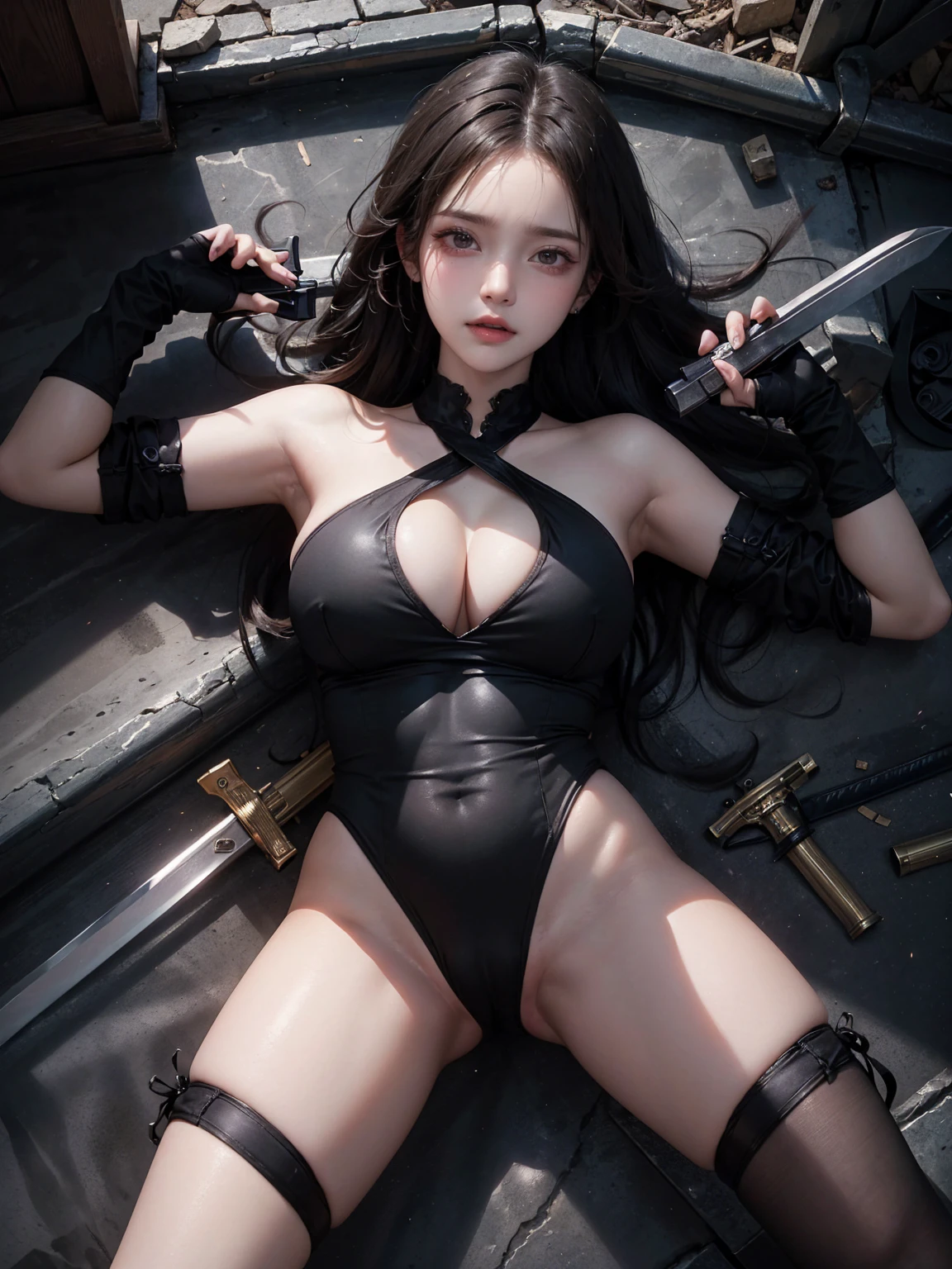 (masterpiece:1.3, Highest quality, Ultra-high resolution, Super detailed), (Realistic, photoRealistic:1.4), Perfect lighting, colorful, Depth of written boundary, Browsing Caution, Surrealism,((Pose with a gun and sword:1.3)),Beautiful detailed hair, Beautifully detailed face, Beautiful fine details, Beautiful valley,Beautiful clavicle, Beautiful body, thin脚,Beautiful feet, Beautiful breasts,Beautiful Hands, thin, 1 girl,Perfect Face, Long eyelashes,21 years old,Perfect Anatomy, Supermodel with a long neck,((Skinny1.3)),looking at the camera,(Perfect Anatomy,Anatomically correct, Highly detailed skin), Shiny skin,((beautiful girl:1.1)),(( large breasts:1.4)),(Mid-length hair:1.4, Wavy Hair:1.2, black色の髪) ,hair over one eye, Dainty facial structure,((Surprised:1.4 )),((Spread legs:1.1)),((lying, on back:1.5)),((wearing(black) T-back leotard:1.3)),criss-cross halter,Long hangerless gloves,((Destroyed city)),Ruins scary atmosphere,Mood Lighting,naked,spooky,soil,Deep dark background,Complex background,action,Daytime,((portrait:1.2)),((wind effect)),