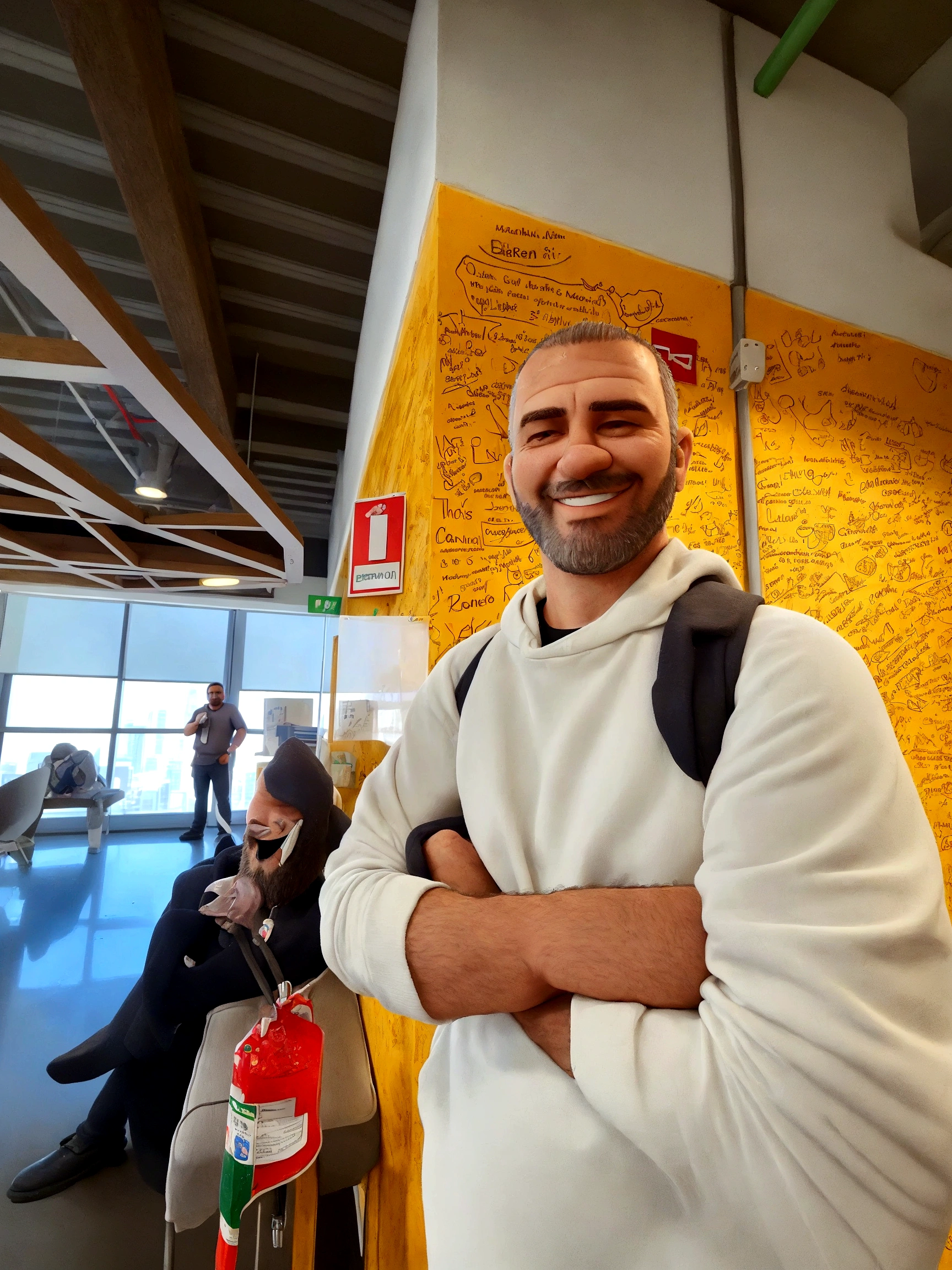 man 1.86 meters tall and 45 years old. With a sparse beard and shaved hair. Man of Brazilian origin, smiling in an office and wearing a white sweatshirt.