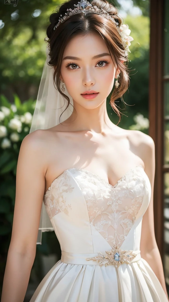 (masterpiece, best quality:1.5), ((Extremely detailed wedding dress)),（Wedding dress with a one-shoulder neckline and an A-line hem） high resolution, 16K, The most beautiful face in the world, Very detailed and beautiful face and eyes, Glowing skin, Delicate fabric texture, Perfect anatomical structure, rest, (Beauty incarnate:1.3), (Beautiful goddess:1.3), (Beautiful and charming princess:1.3), Perfect makeup, Deeply in love, Full of elegance. (whole body:1.5), (Garment View)