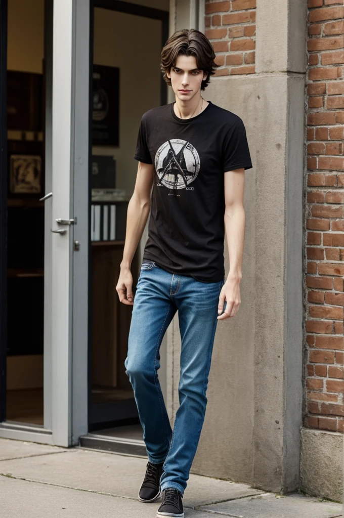 He is a tall and thin young man, with messy dark hair and expressive hazel eyes. Usually dresses in casual and comfortable clothing, like rock band t-shirts and worn out jeans.