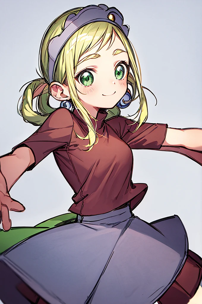 simple background, Ojamajo Doremi style, ojaskmmkcs, standing, smile, wink, adult, medium breasts, heavy winter brown jacket, gray shirt, blue jean pants, green eyes, blush, energetic pose