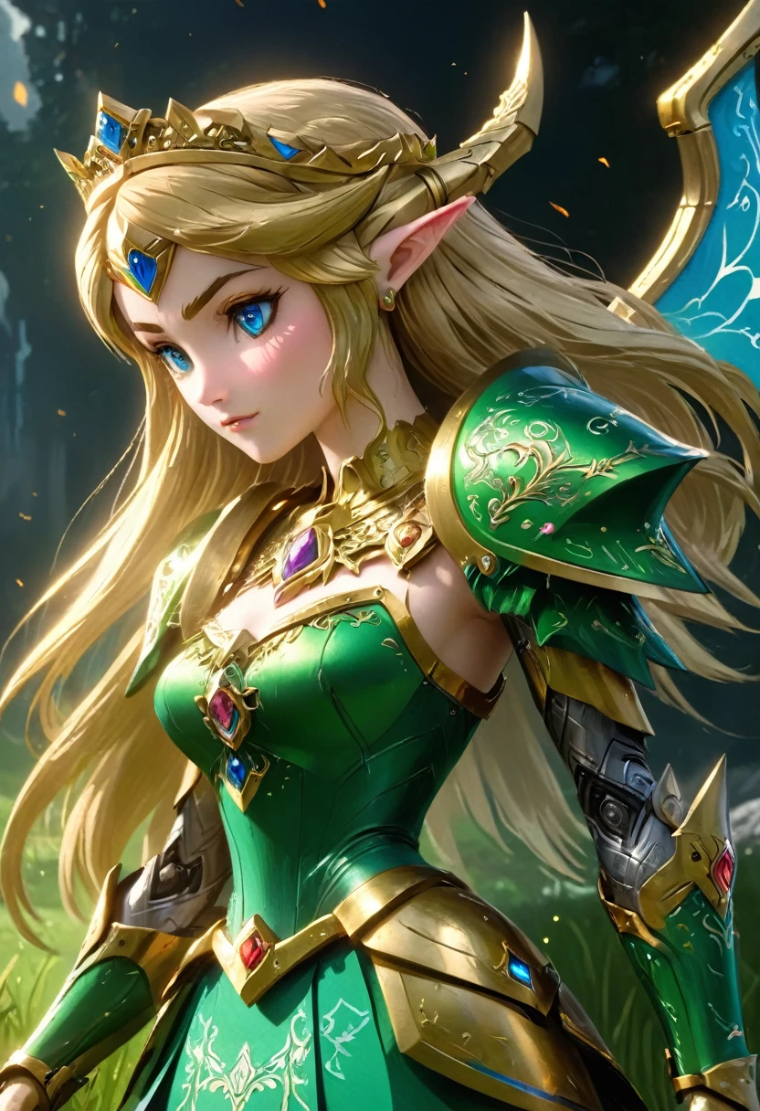 high details, best quality, 16k, [ultra detailed], masterpiece, best quality, (extremely detailed), full body, ultra wide shot, photorealistic, , fantasy art, dnd art, rpg art, realistic art, a wide angle, (((anatomically correct))) a wallpaper of an Princess Zelda, ready for battle with her mount (intense details, Masterpiece, best quality: 1.5),Princess Zelda (intense details, Masterpiece, best quality: 1.5), ultra detailed face, ultra feminine, fair skin, exquisite beauty, gold hair, long hair, wavy hair, small pointed ears, dynamic eyes color, wearing heavy green mech armor, shinning metal, armed with elven sword, green meadows, blue skies background and some clouds background depth of field (intricate details, Masterpiece, best quality: 1.5), full body (intricate details, Masterpiece, best quality: 1.5), high details, best quality, highres, ultra wide angle, Mechanical Creatures