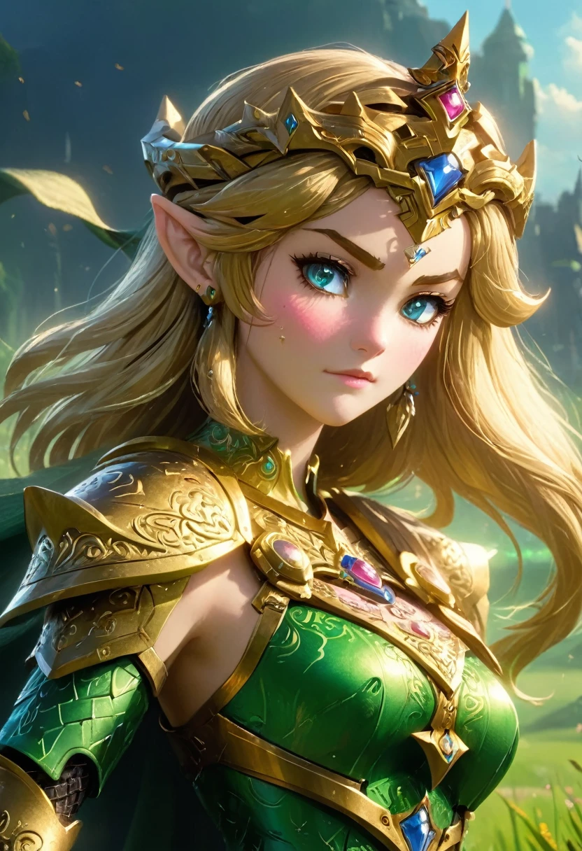 high details, best quality, 16k, [ultra detailed], masterpiece, best quality, (extremely detailed), full body, ultra wide shot, photorealistic, , fantasy art, dnd art, rpg art, realistic art, a wide angle, (((anatomically correct))) a wallpaper of an Princess Zelda, ready for battle with her mount (intense details, Masterpiece, best quality: 1.5),Princess Zelda (intense details, Masterpiece, best quality: 1.5), ultra detailed face, ultra feminine, fair skin, exquisite beauty, gold hair, long hair, wavy hair, small pointed ears, dynamic eyes color, wearing heavy green mech armor, shinning metal, armed with elven sword, green meadows, blue skies background and some clouds background depth of field (intricate details, Masterpiece, best quality: 1.5), full body (intricate details, Masterpiece, best quality: 1.5), high details, best quality, highres, ultra wide angle, Mechanical Creatures