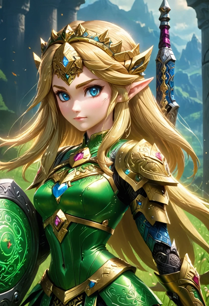 high details, best quality, 16k, [ultra detailed], masterpiece, best quality, (extremely detailed), full body, ultra wide shot, photorealistic, , fantasy art, dnd art, rpg art, realistic art, a wide angle, (((anatomically correct))) a wallpaper of an Princess Zelda, ready for battle with her mount (intense details, Masterpiece, best quality: 1.5),Princess Zelda (intense details, Masterpiece, best quality: 1.5), ultra detailed face, ultra feminine, fair skin, exquisite beauty, gold hair, long hair, wavy hair, small pointed ears, dynamic eyes color, wearing heavy green mech armor, shinning metal, armed with elven sword, green meadows, blue skies background and some clouds background depth of field (intricate details, Masterpiece, best quality: 1.5), full body (intricate details, Masterpiece, best quality: 1.5), high details, best quality, highres, ultra wide angle, Mechanical Creatures