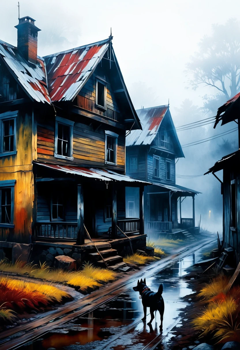 Colorful oil painting. Old dilapidated houses. Very beautiful, gouache, Cinematic, dark, Nasty, mysterious, modern vintage, rich deep colors, boho style. The fog is thick fog. ultra-stunning lighting. (Dog on a Chain) lithographic detail, dirt in every crevice; conceptual art, super detail, amazing composition. hyperrealistic photography, --niji 5 --ar 2:3 --expressive style --v 5.