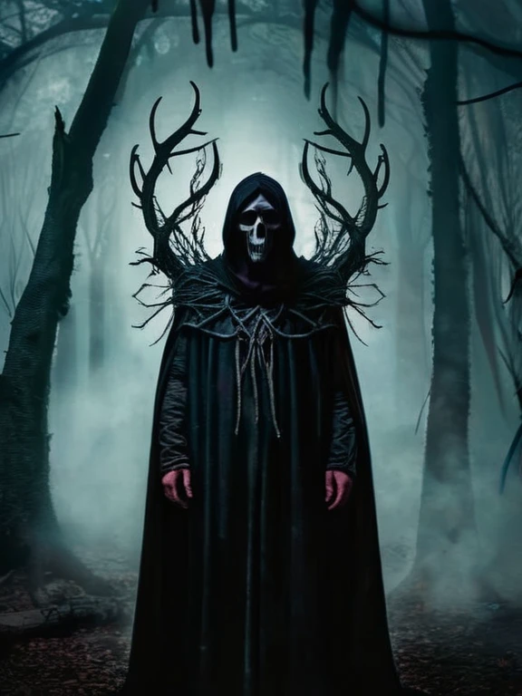 Horror-themed, In an ancient and mysterious city a person in a creepy costume standing in a dark forest carcosa city style, Eerie, unsettling, dark, spooky, suspenseful, grim, highly detailed