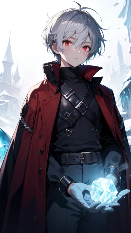 (high resolution, 4K, extremely detaild, work of art:1.2),1 small boy, eerie glowing red eyes, short messy white hair, , wizard with ice powers, wear large warm clothes, Cute beauty