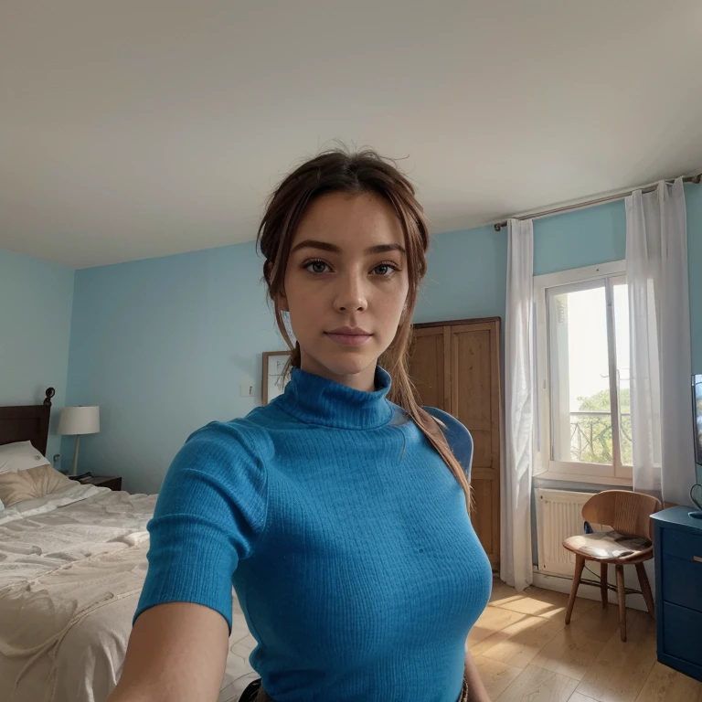 1 femme, Américain, Beau, yeux bleus, cheveux couleur miel,((selfie du haut du corps, heureux)), Filmer dans une chambre, Beau rétroéclairage, dans une chambre-d&#39;œuvre, meilleure qualité, Ultra-détaillé, seulement, interieur, joyeux, heureux, À l&#39;intérieur de la chambre, Vous pouvez voir de jolis cavaliers a l'interieur.., , formations de doudou, leds, contraste, style analogique (regardant le spectateur:1.2) (Texture de la peau) (grain de film:1.3), (teinte chaude, ton chaud:1.2), fermer, lumière cinématographique, éclairage latéral, Les ultra-hautes résolutions, Meilleures ombres, ..brut, moitié supérieure du corps, porter un pull, Photos détendues et intimes, cheveux blonds,