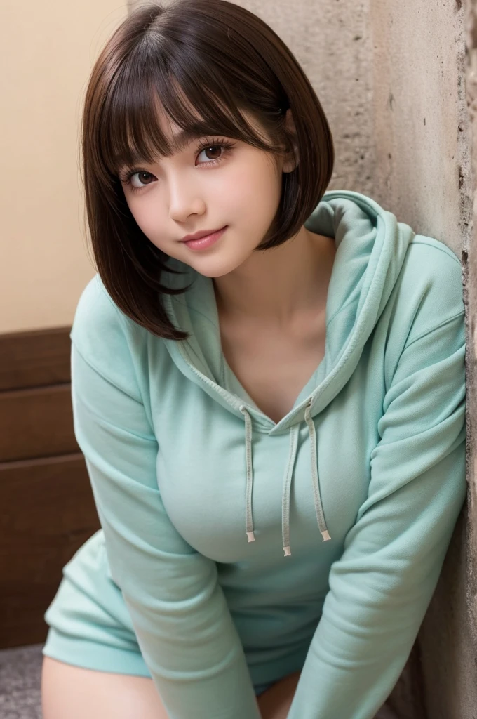 Beautiful high school girl, perfect face line, big eyes, long eyelashes, natural eyebrows, beautiful skin, perfect nose, wide double eyelids, plump under-eye bags, upturned corners of the mouth, Japanese, small face, ta face, bob cut hair, heavy bangs, large breasts, upward gaze, plump thighs, leaning forward, ladylike, seductive posture, grinning, sitting against a wall, indoors, posture that emphasizes breasts, thin, tight hoodie, God々Beautiful and seductive