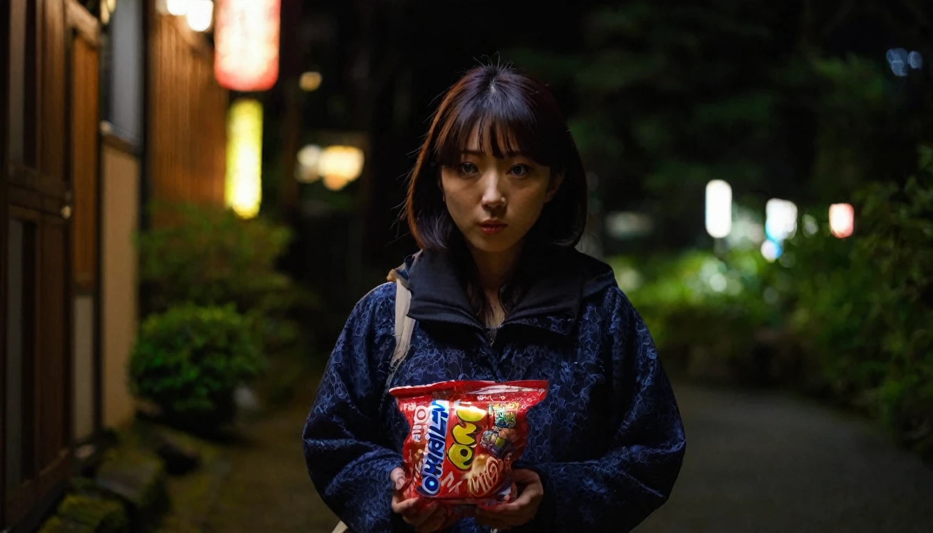 A japanese person, alone at night, with a candy at hand