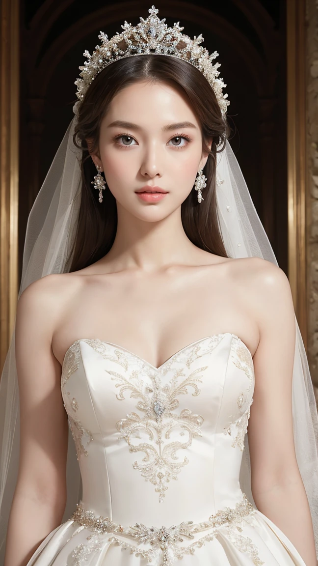 (masterpiece, best quality:1.5), ((Extremely detailed wedding dress)),（One-shoulder and high-waist wedding dress） high resolution, 16K, The most beautiful face in the world, Very detailed and beautiful face and eyes, Glowing skin, Delicate fabric texture, Perfect anatomical structure, rest, (Beauty incarnate:1.3), (Beautiful goddess:1.3), (Beautiful and charming princess:1.3), Perfect makeup, Deeply in love, Full of elegance. （（(whole body:1.5)））, 