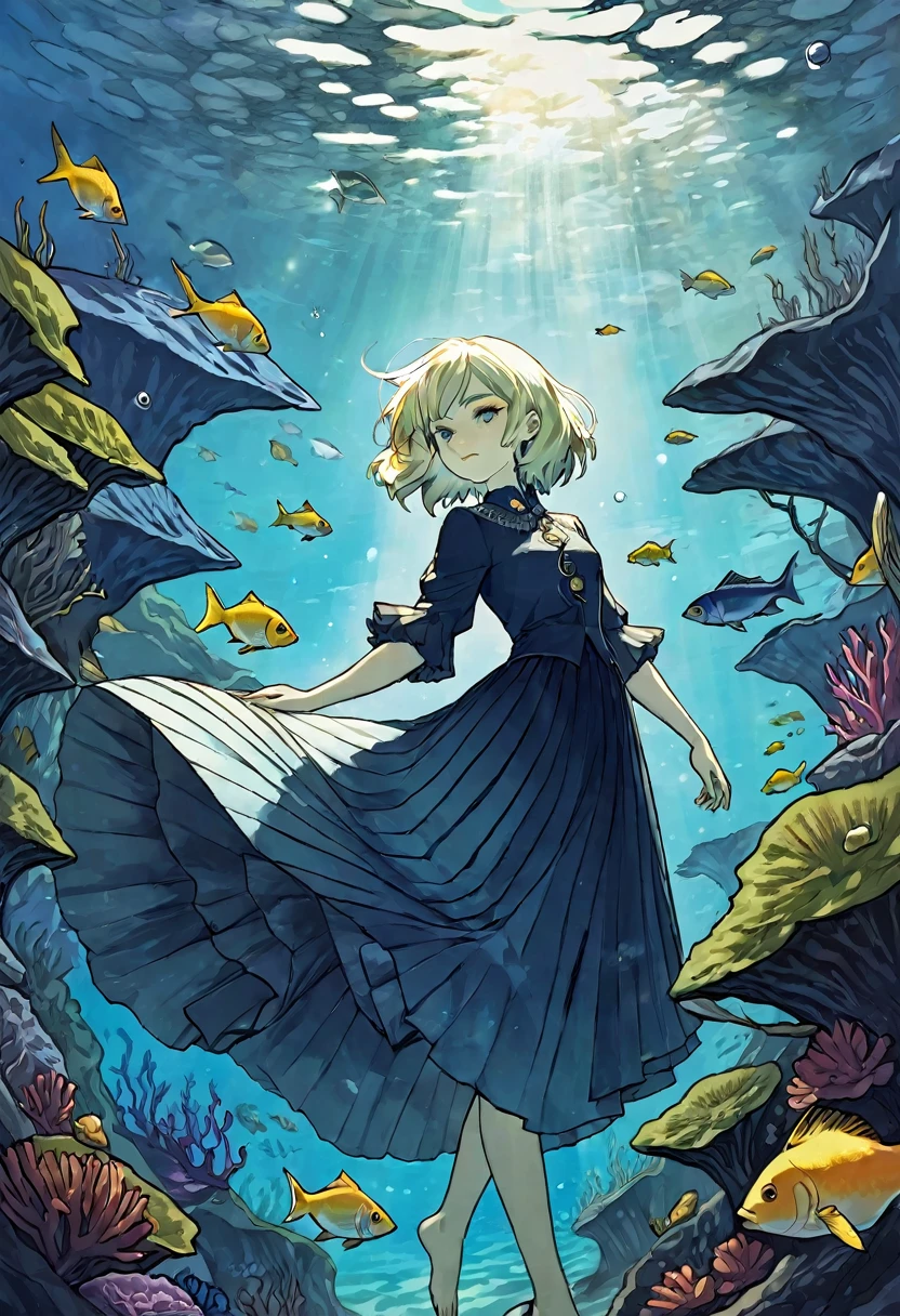 ((best qualityer)) , ((work of art)) , (detailded) , Full body photo of (Woman in colorful bird shape underwater:1.3) ,(fantasy illustration:1.3),(covered in moss:1.1), The fish swims out of the eyes,awardwinning, children's storybook, It is decorated with pleats, (It is engraved with deep indigo and deep white details:1.2), misty, FOV 90 degrees, Cellular Shading, evil, (Hermett Punk:1.2), soft lighting, Fish-eye lens, colors complementary, (Behans HD:1.1), sloppy strokes, (Adobe Lightroom:1.2), motor octanagem, 8k resolution