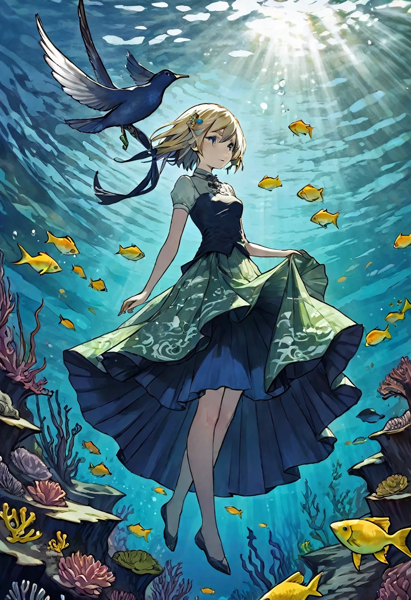 ((best qualityer)) , ((work of art)) , (detailded) , Full body photo of (Woman in colorful bird shape underwater:1.3) ,(fantasy illustration:1.3),(covered in moss:1.1), The fish swims out of the eyes,awardwinning, children's storybook, It is decorated with pleats, (It is engraved with deep indigo and deep white details:1.2), misty, FOV 90 degrees, Cellular Shading, evil, (Hermett Punk:1.2), soft lighting, Fish-eye lens, colors complementary, (Behans HD:1.1), sloppy strokes, (Adobe Lightroom:1.2), motor octanagem, 8k resolution