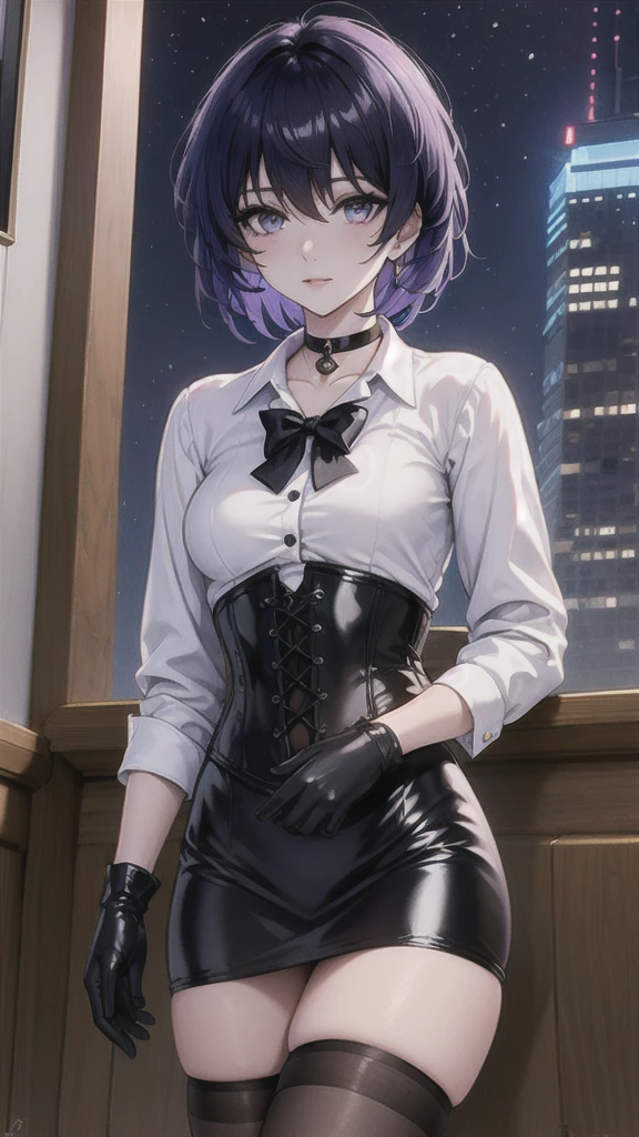 Masterpiece, Beautiful art, professional artist, 8k, Very detailed face, Detailed clothing, detailed fabric, 1 girl, Soul Fullness \(Honkai Impact 3rd\), front view, standing, perfectly drawn body, shy expression, pale skin, beautiful face, short dark blue hair, 4k eyes, very detailed eyes, pink cheeks, choker:1.6, (white long sleeve button down shirt with white collar), black gloves, gloves that cover hands, (black leather corset), (shiny black tight mini skirt), Sensual Lips, show details in the eyes, looking at the viewer, elegant room, at night