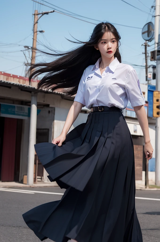 (photorealistic:1.4),Best quality, masterpiece, ultra high res, raw photo,soft light,(cowboy shot),blue sky,movie poster
1girl,(mathayom uniform),white shirt short sleeves,(black pleated long skirt:1.2),long hair,hair_floating,dramatic scene
 
